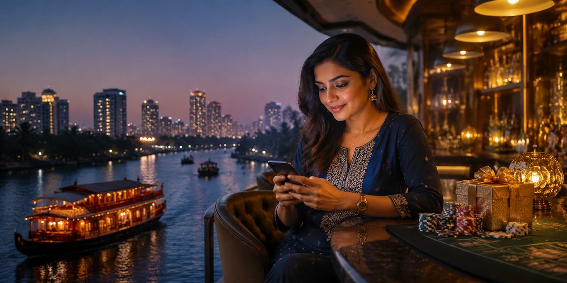 Serene Kerala backwaters with casino app concept